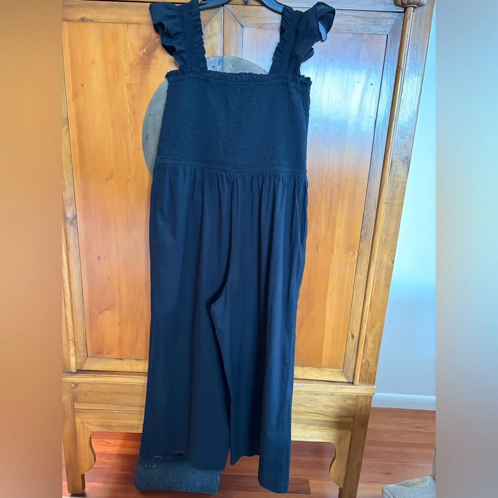 LOFT Beach Ruched Wide Leg Jumpsuit for Black with pockets. 100% cotton - Picture 13 of 14